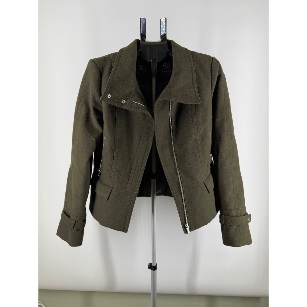 Express Womens Olive Green Asymmetrical Moto Jacket Leopard Lining Size L